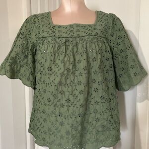 GAP Olive Eyelet Square-Neck Peasant Blouse